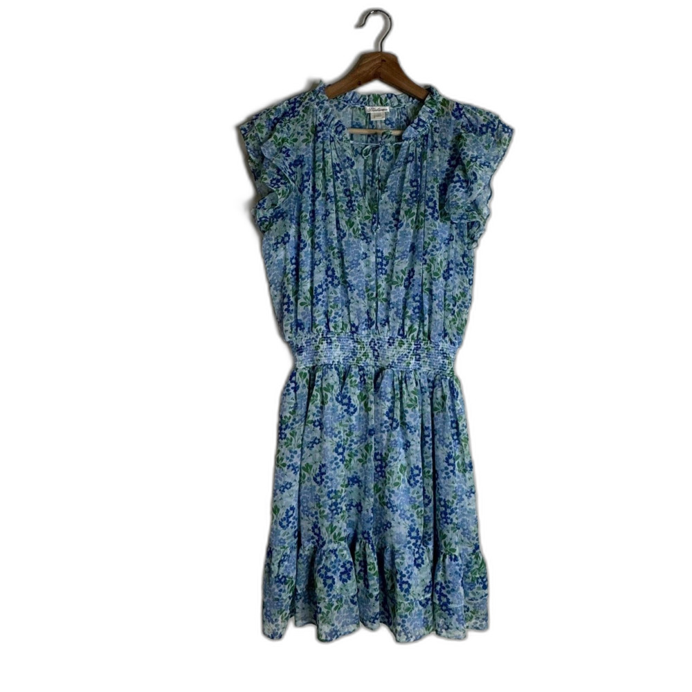 Shoshanna Dress Womens 8 Blue Floral Chiffon‎ Ruffle Hem Smocked Waist Sundress